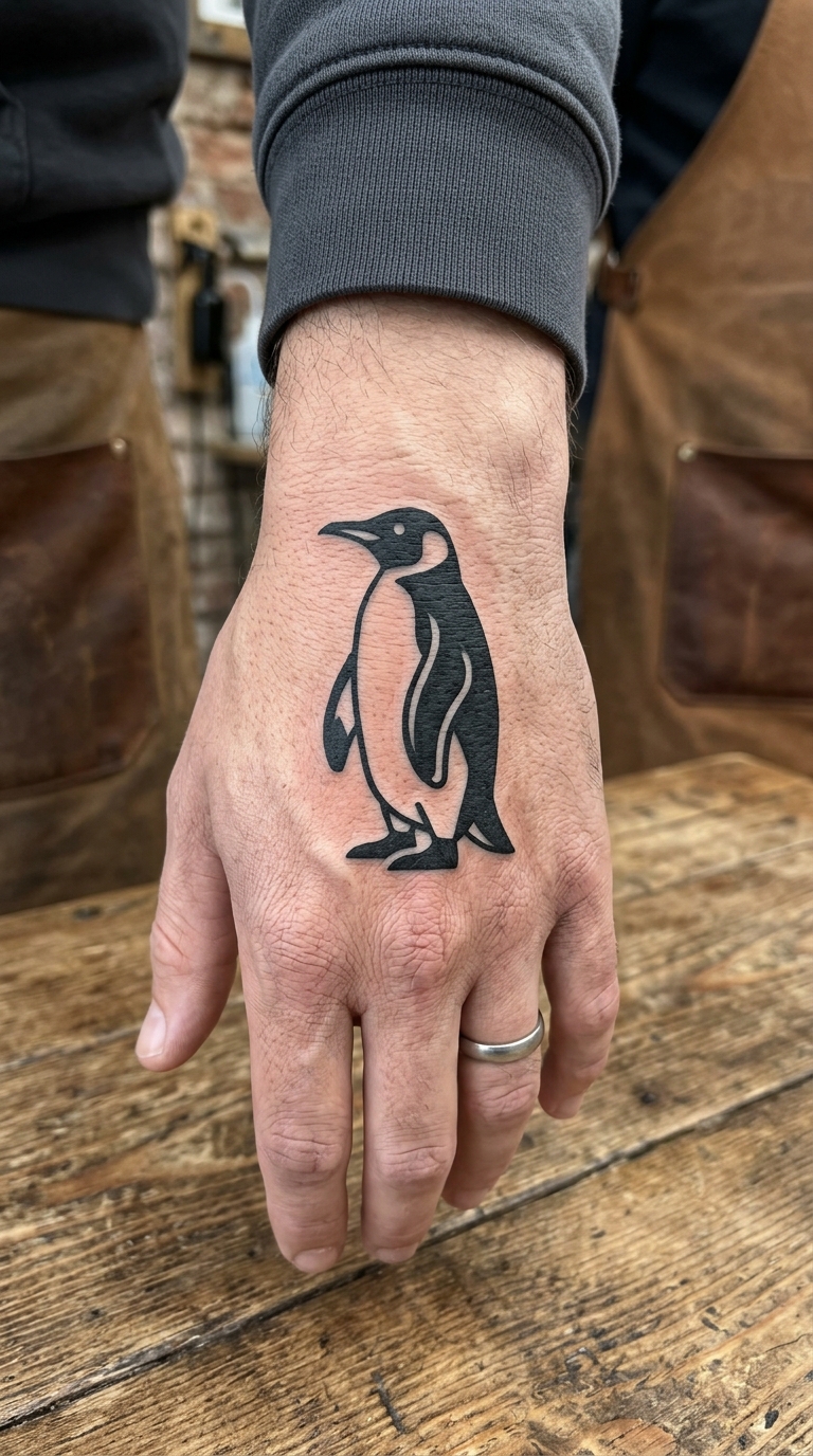 Pinguin als Blackwork Tattoo für die Hand