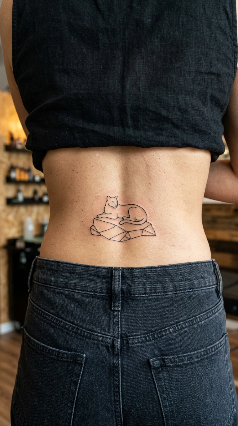 Puma auf Felsen als minimalistische Tattoo Idee für das Steißbein