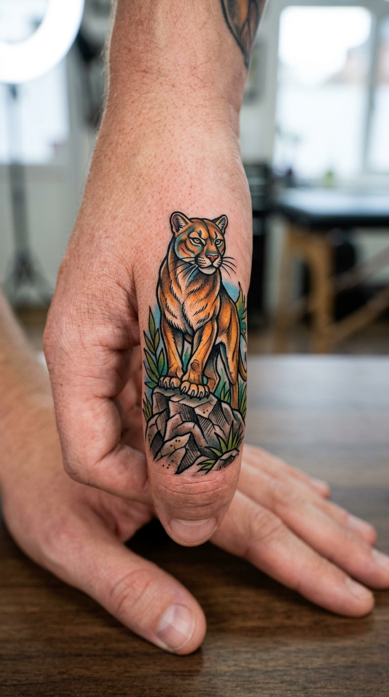 Puma auf Felsen als Oldschool und Newschool Tattoo für den Finger