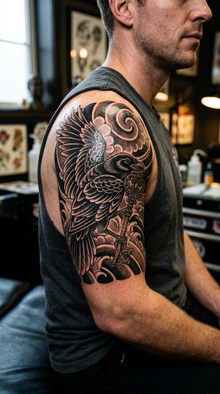 Rabe mit goldenem Schlüssel als japanisches Tattoo für den Oberarm