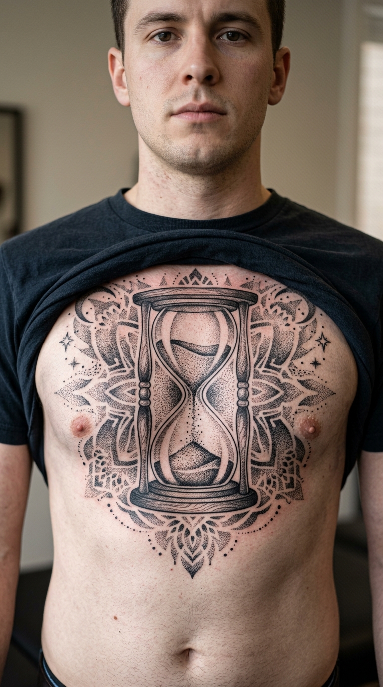 Sanduhr als Dotwork Tattoo für Brust & Oberkörper