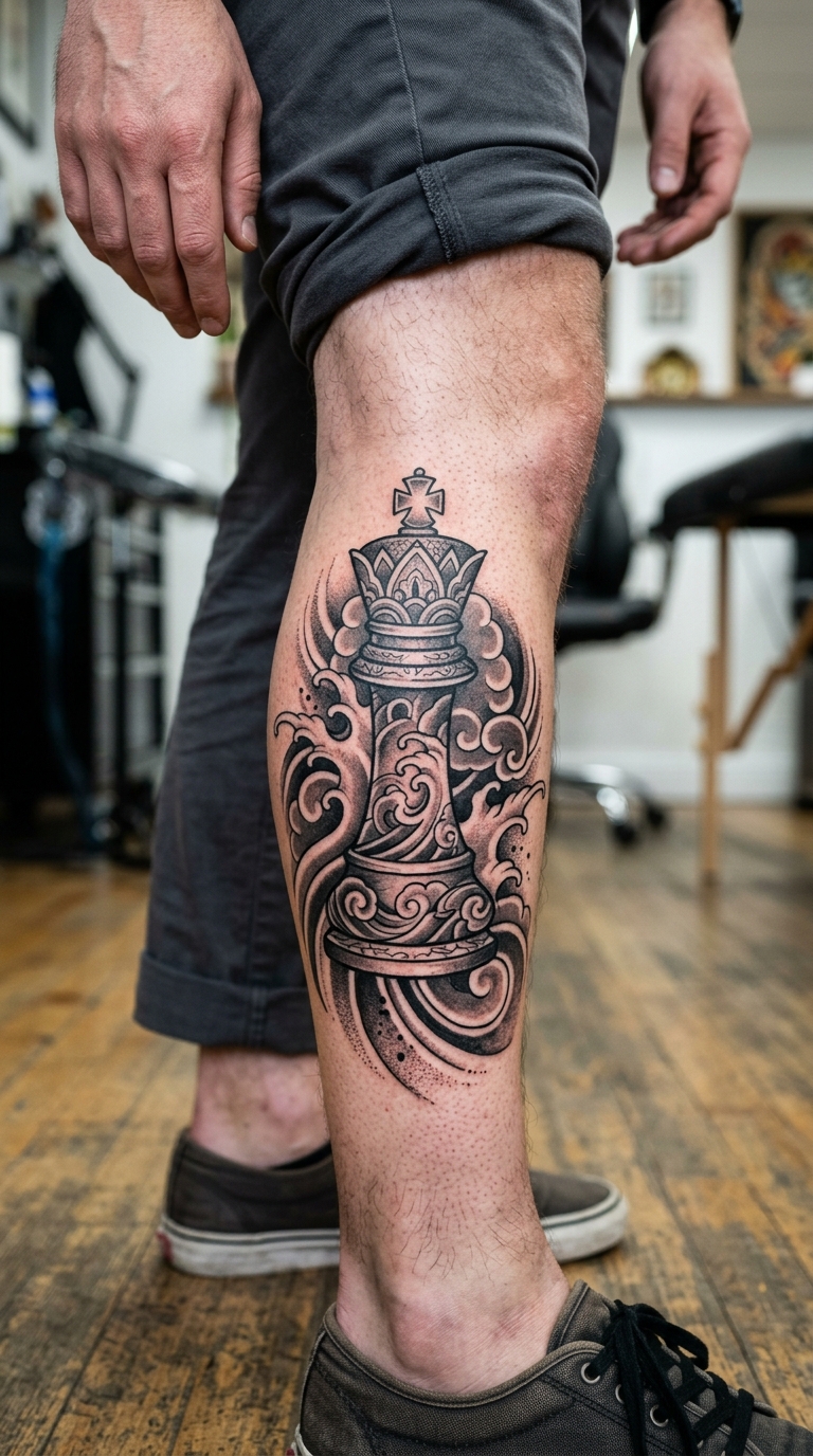 Schachkönig als japanisches Tattoo für das Bein