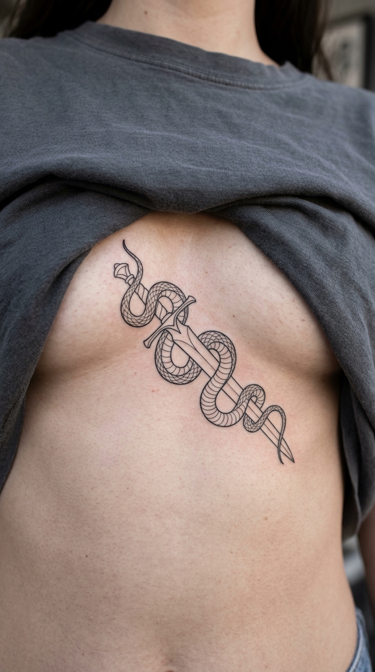 Schlange mit Degen als filigranes Underboob Tattoo