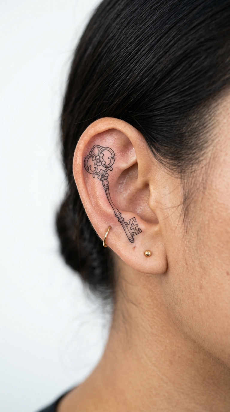 Schlüssel als feines Fineline Tattoo Idee für das Ohr