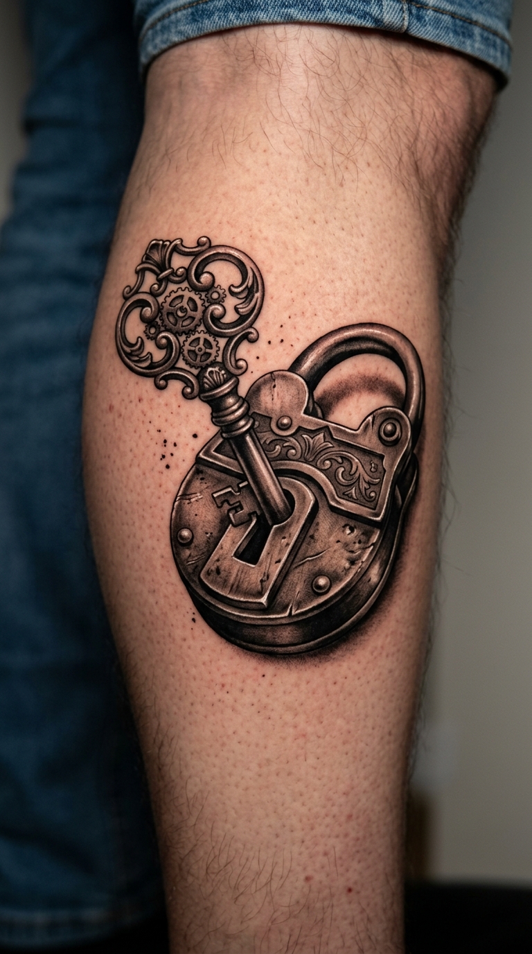 Schlüssel mit Schloss als Realistic Tattoo für das Bein