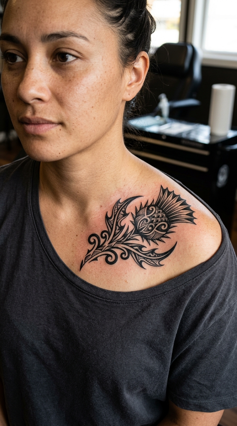 Schottische Distel als Maori Tattoo für das Schlüsselbein