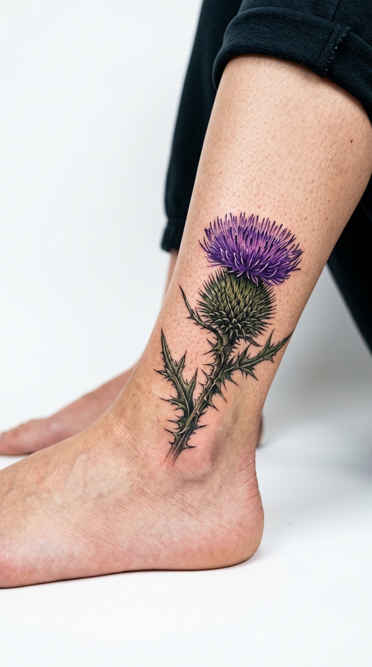 Schottische Distel als Realistic Tattoo für den Knöchel