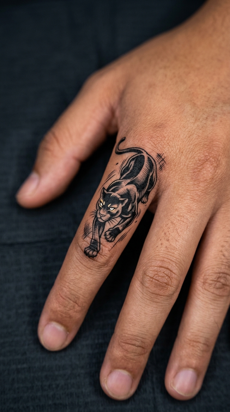 Schwarzer Panther als Anime Tattoo für den Finger