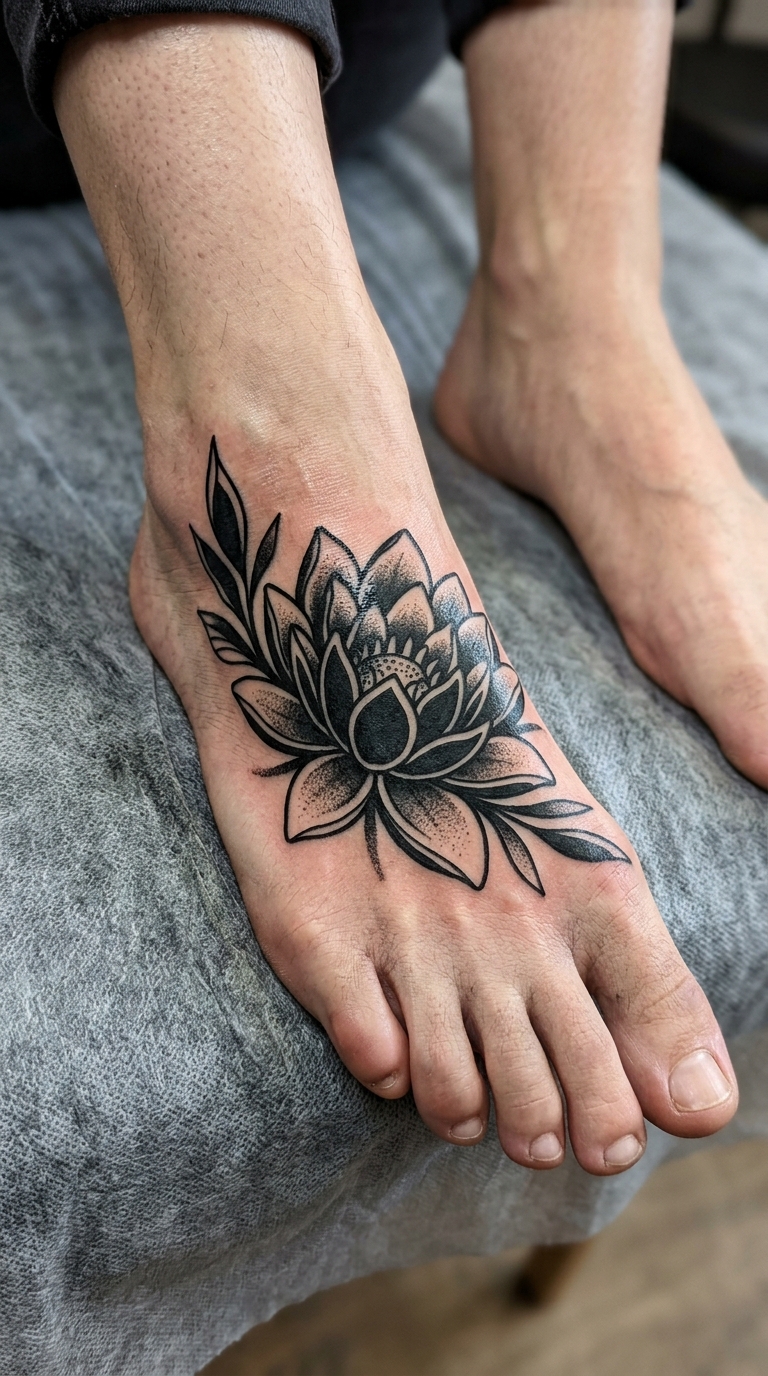 Seerose als flächiges Blackwork Tattoo auf dem Fuß