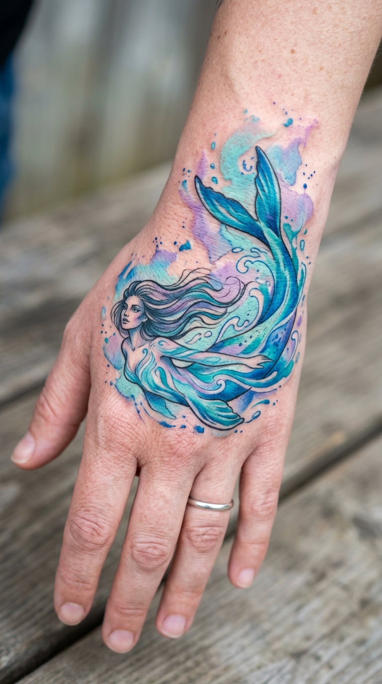 Selkie als Aquarell Tattoo Idee für die Hand