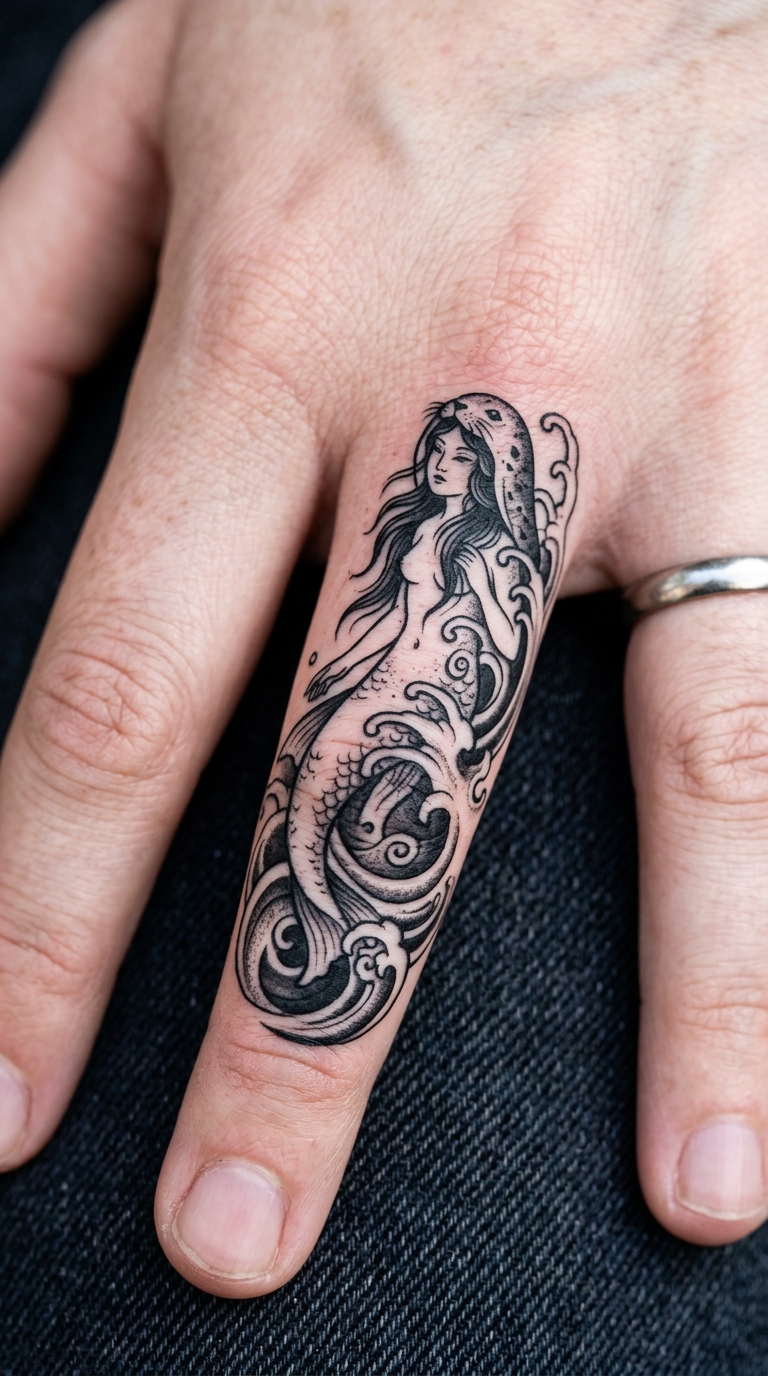Selkie im japanischen Stil als Tattoo auf dem Finger