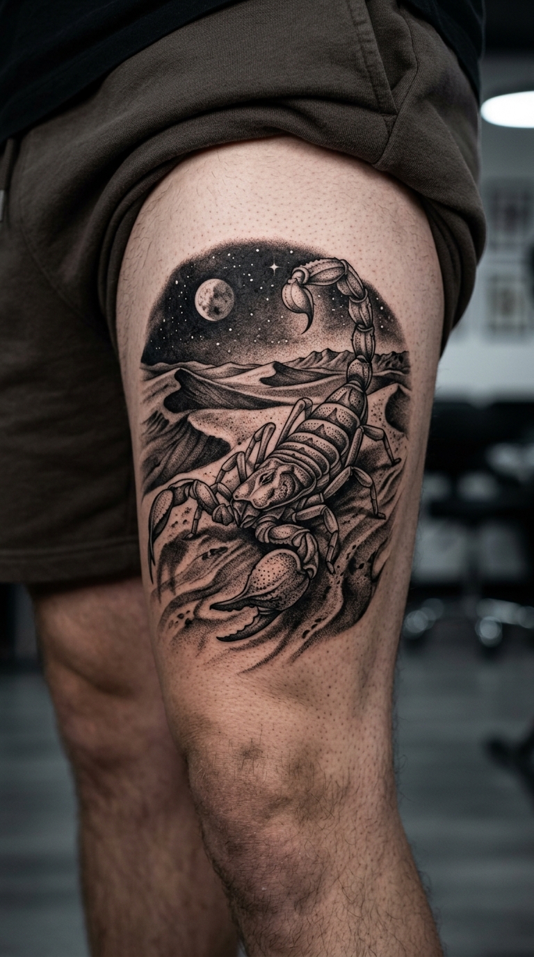 Skorpion Tattoo Idee für den Oberschenkel