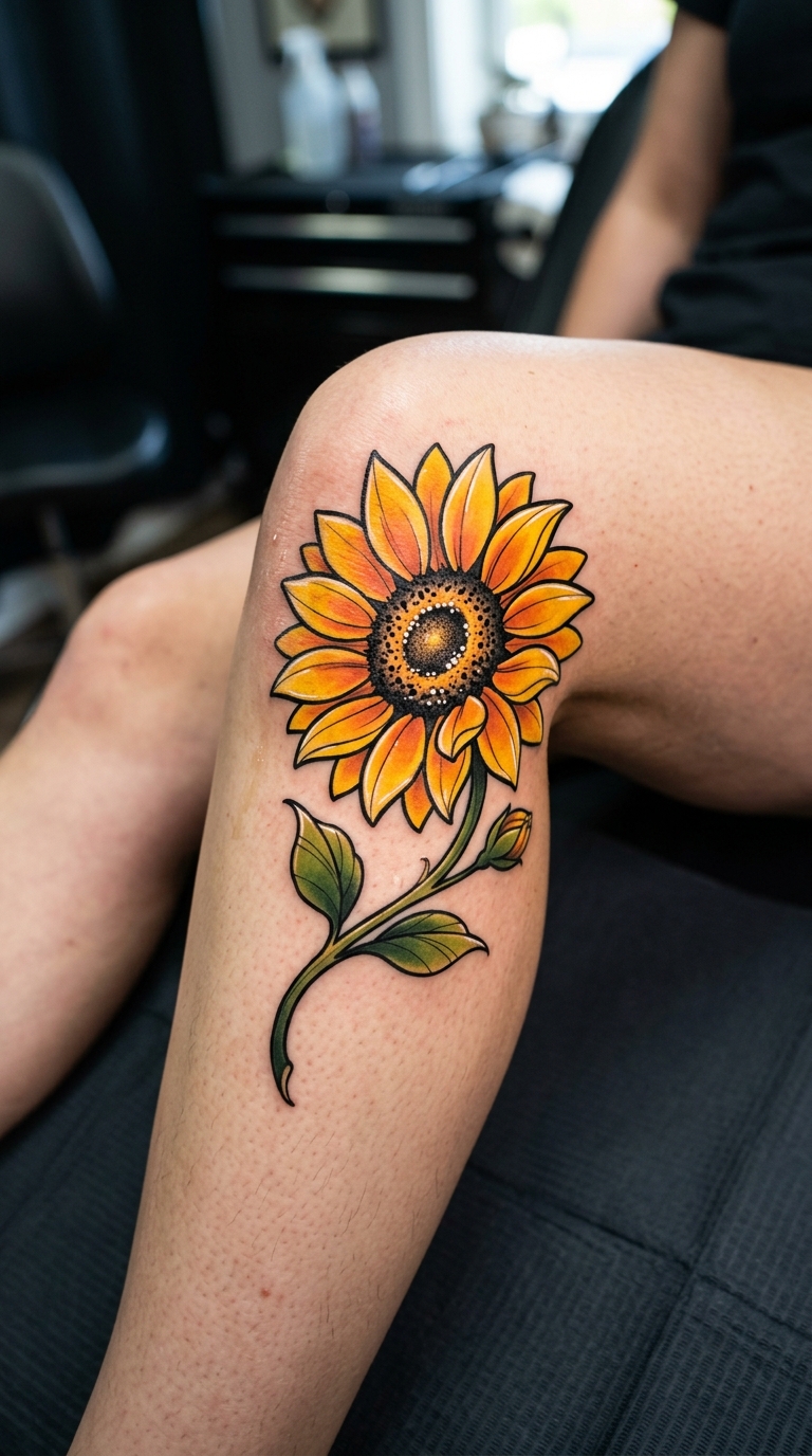 Sonnenblume als Anime Tattoo für die Kniekehle