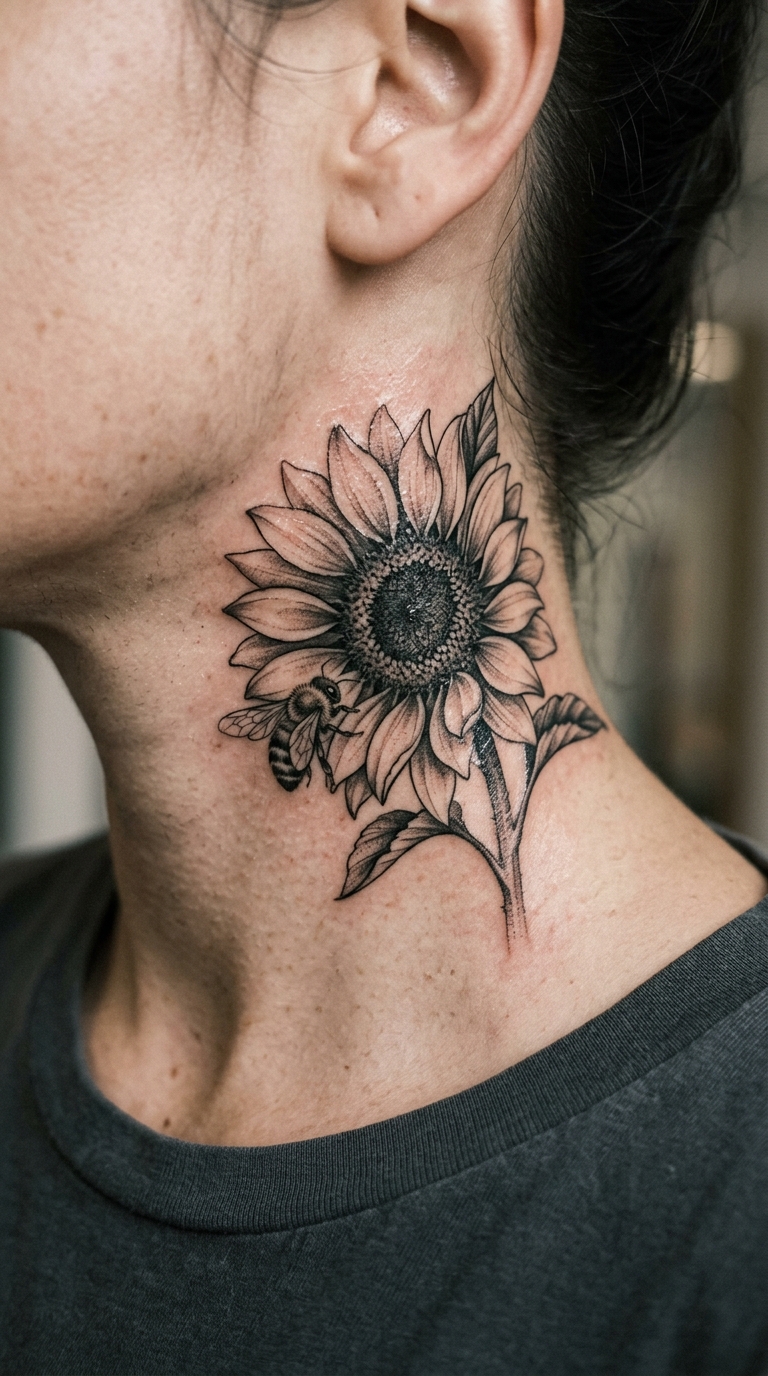 Sonnenblume und Biene Tattoo Idee für den Hals