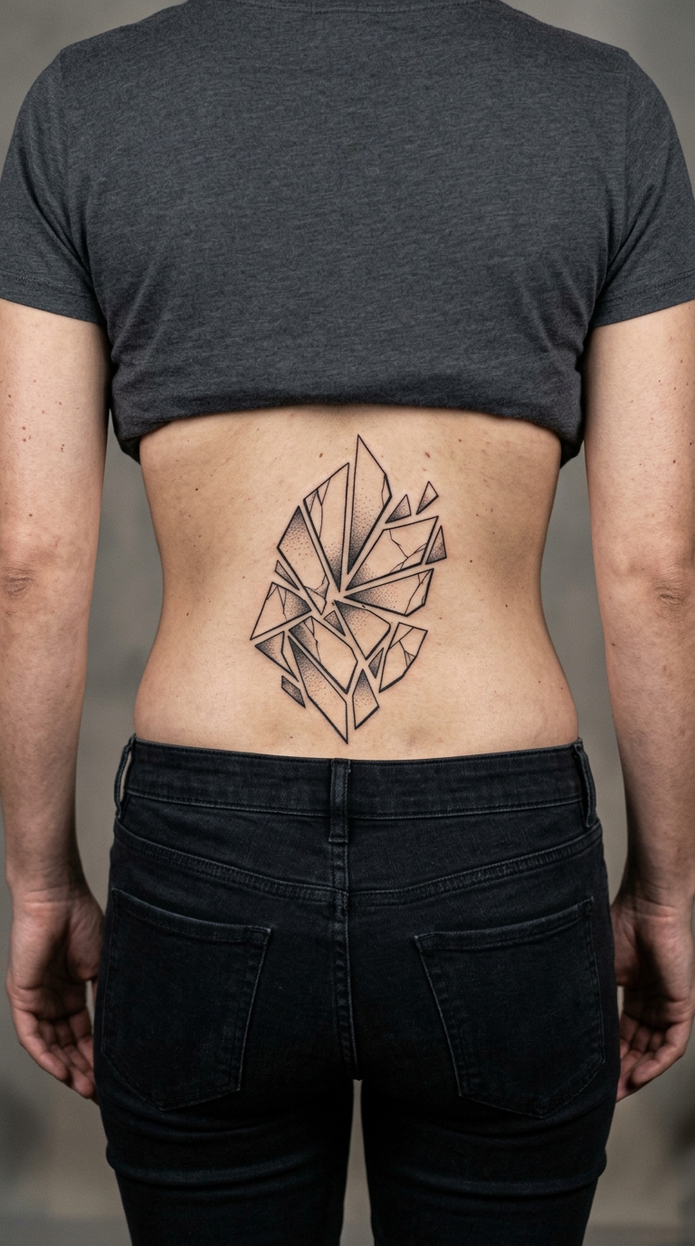 Spiegelscherben als geometrisches Tattoo für das Steißbein