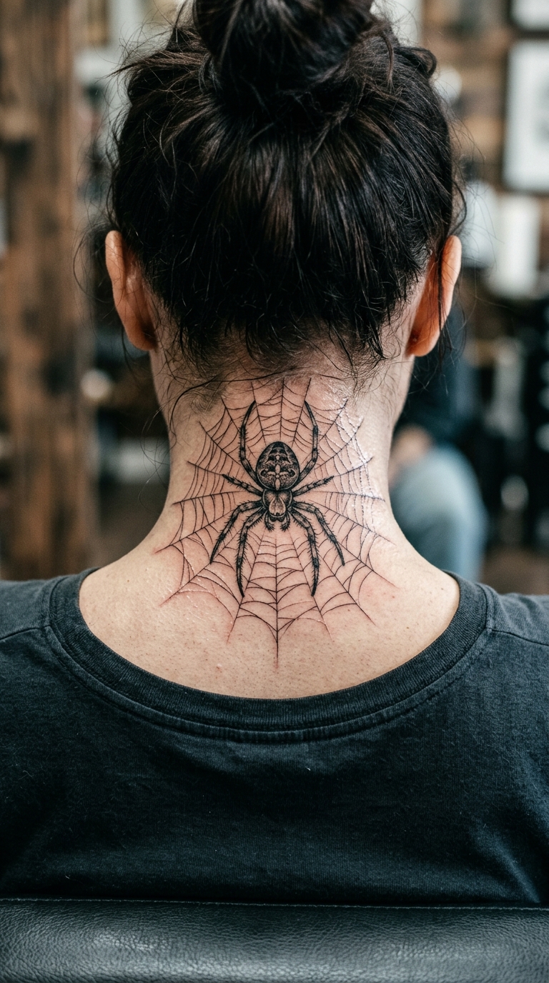 Spinne im filigranen Netz Tattoo Vorlage für den Nacken