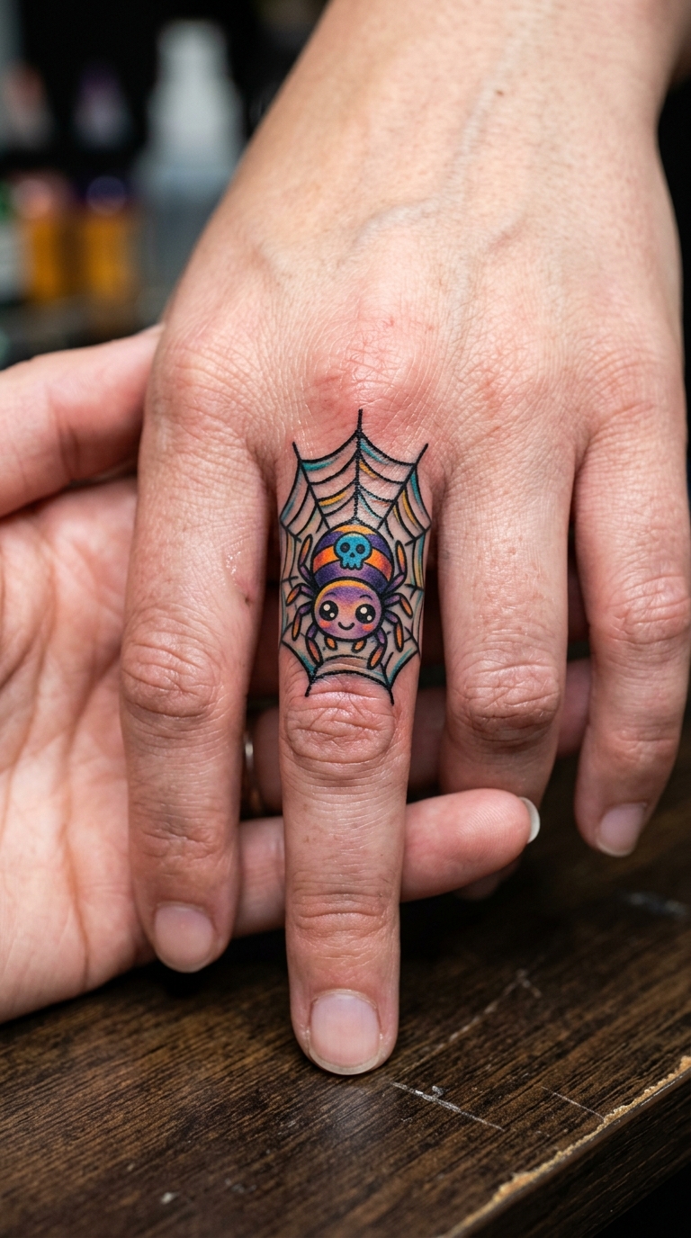 Spinne im Netz als Comic Tattoo für den Finger