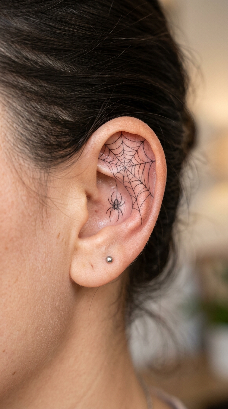 Spinne im Netz als Fineline Tattoo Idee für das Ohr