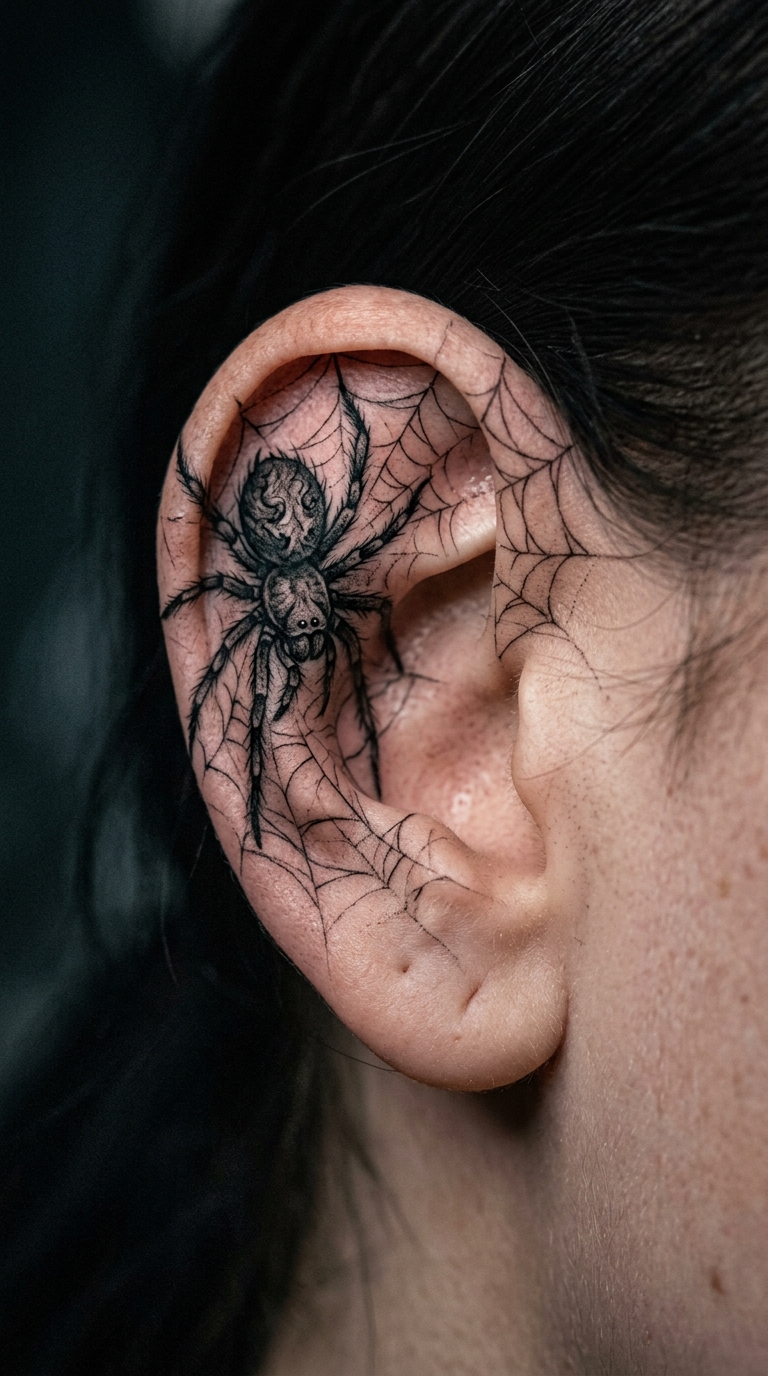 Spinne im Netz als Horror Tattoo für das Ohr