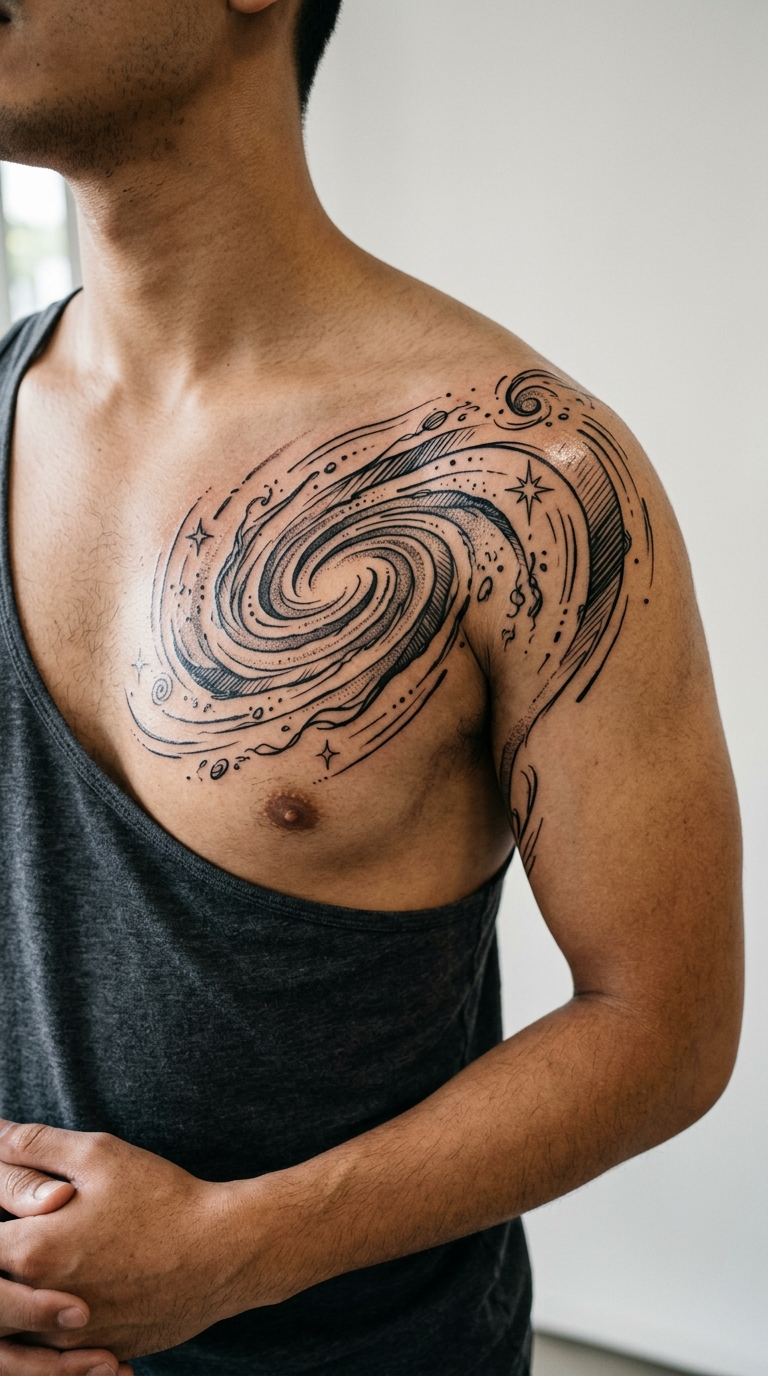 Spiralgalaxie als Manga Tattoo für den Brust & Oberkörper Bereich
