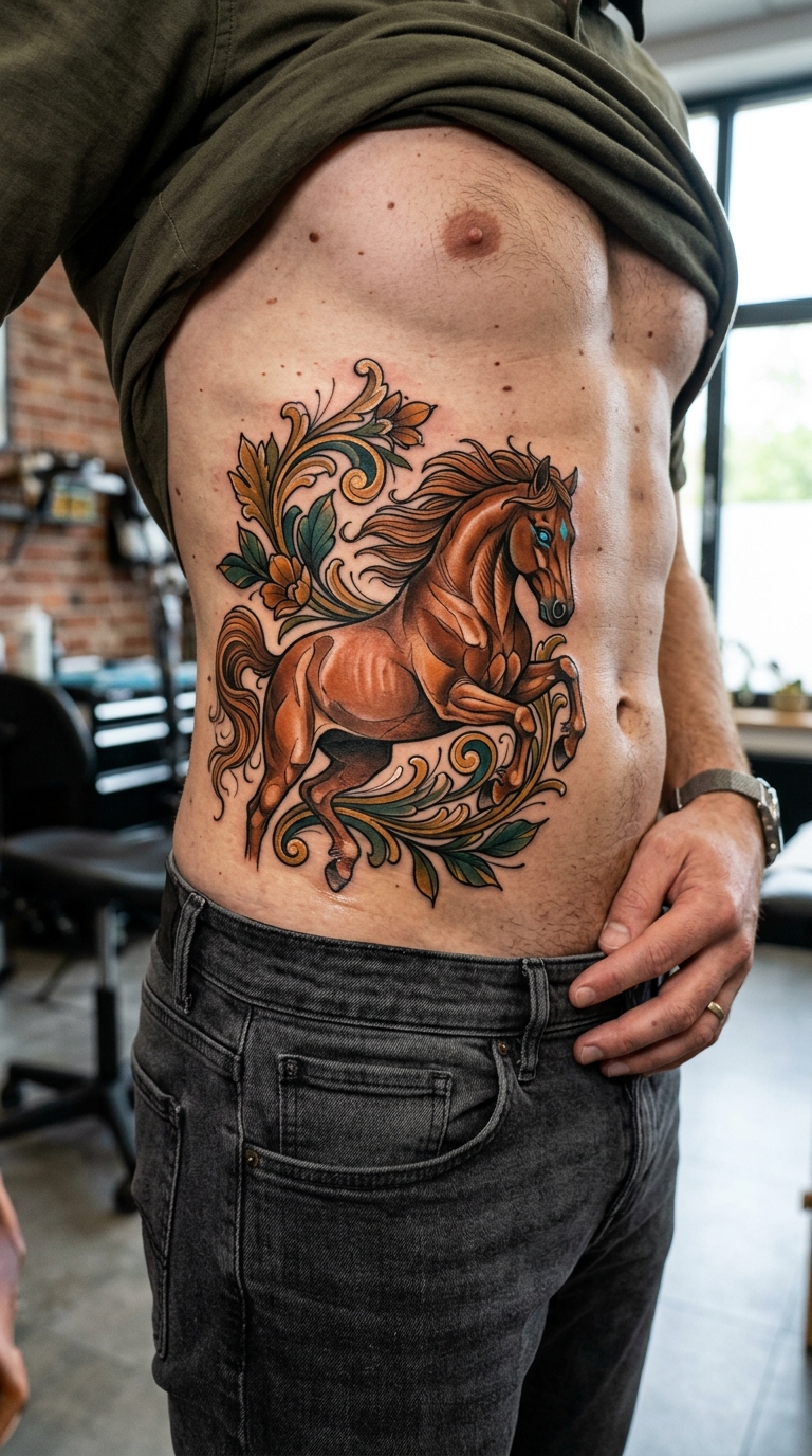 Springendes Pferd als Neo Traditional Tattoo für den Bauch