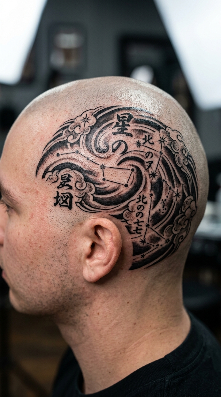 Sternbild in japanischer Tuscheoptik Tattoo Idee für den Kopf