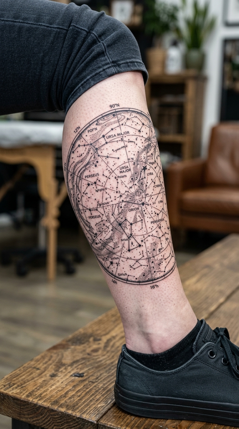 Sternenhimmel als Blackwork Tattoo auf dem Bein