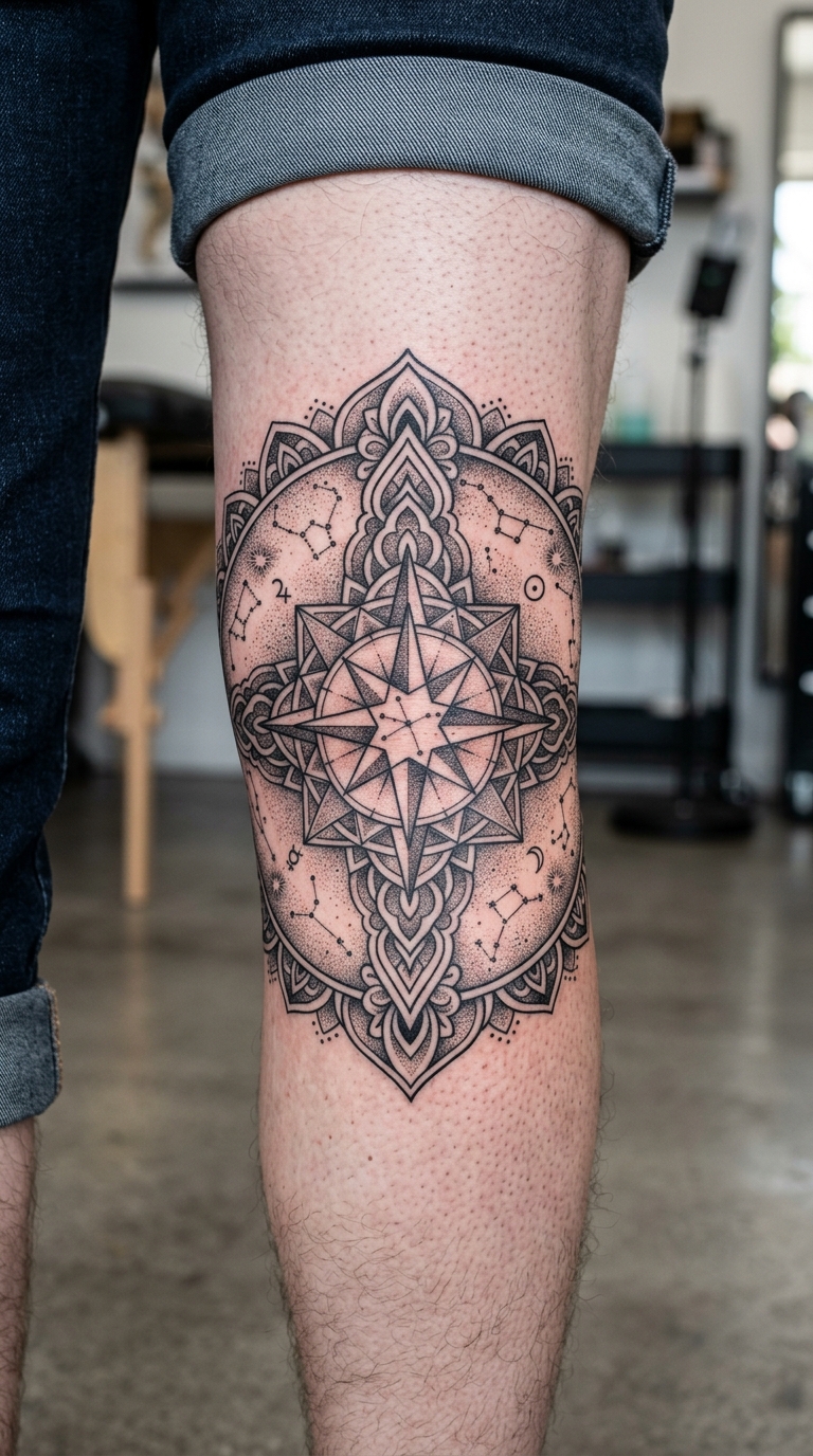 Sternenkarte als Mandala Tattoo für die Kniekehle