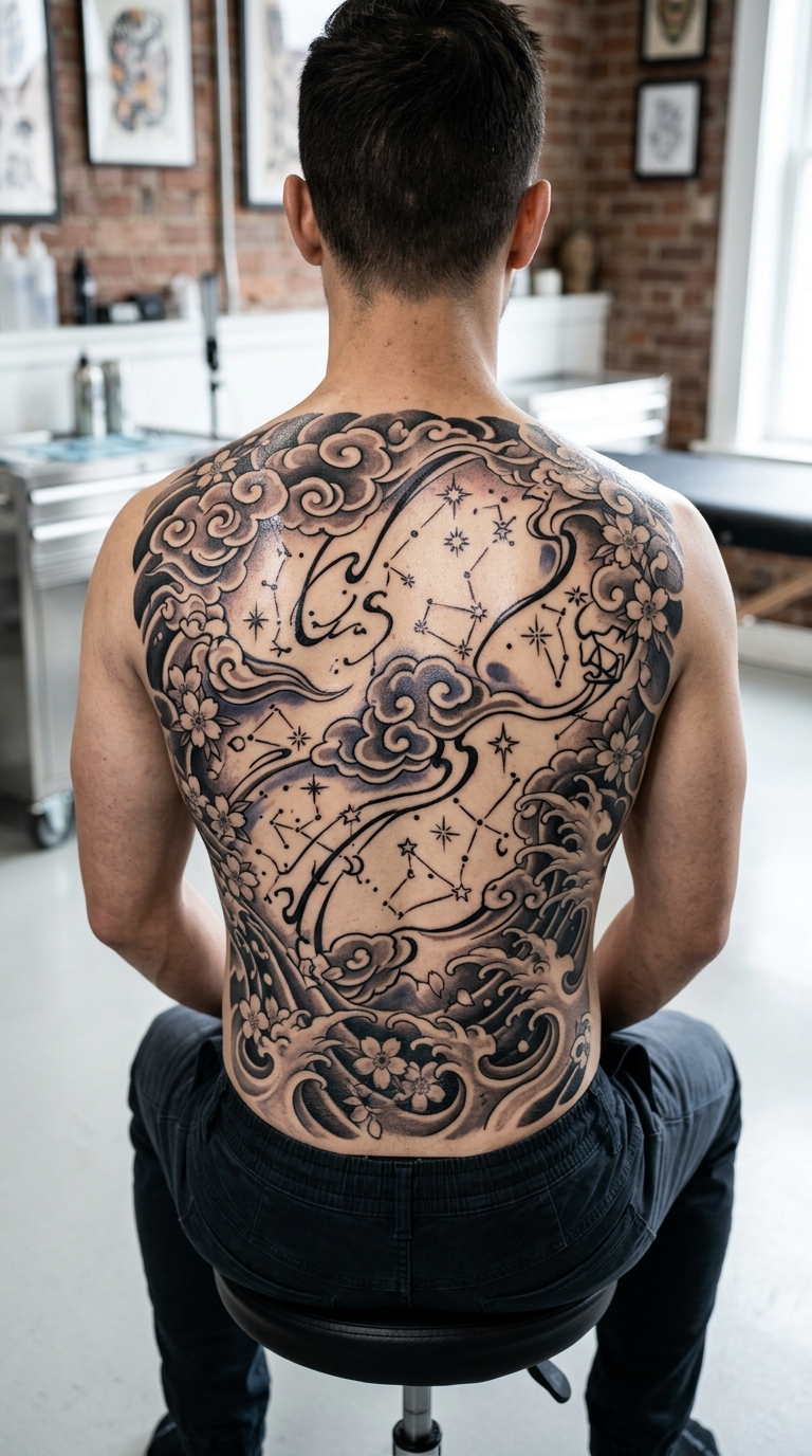 Sternenkarte im japanischen Stil als Tattoo Idee für den Rücken