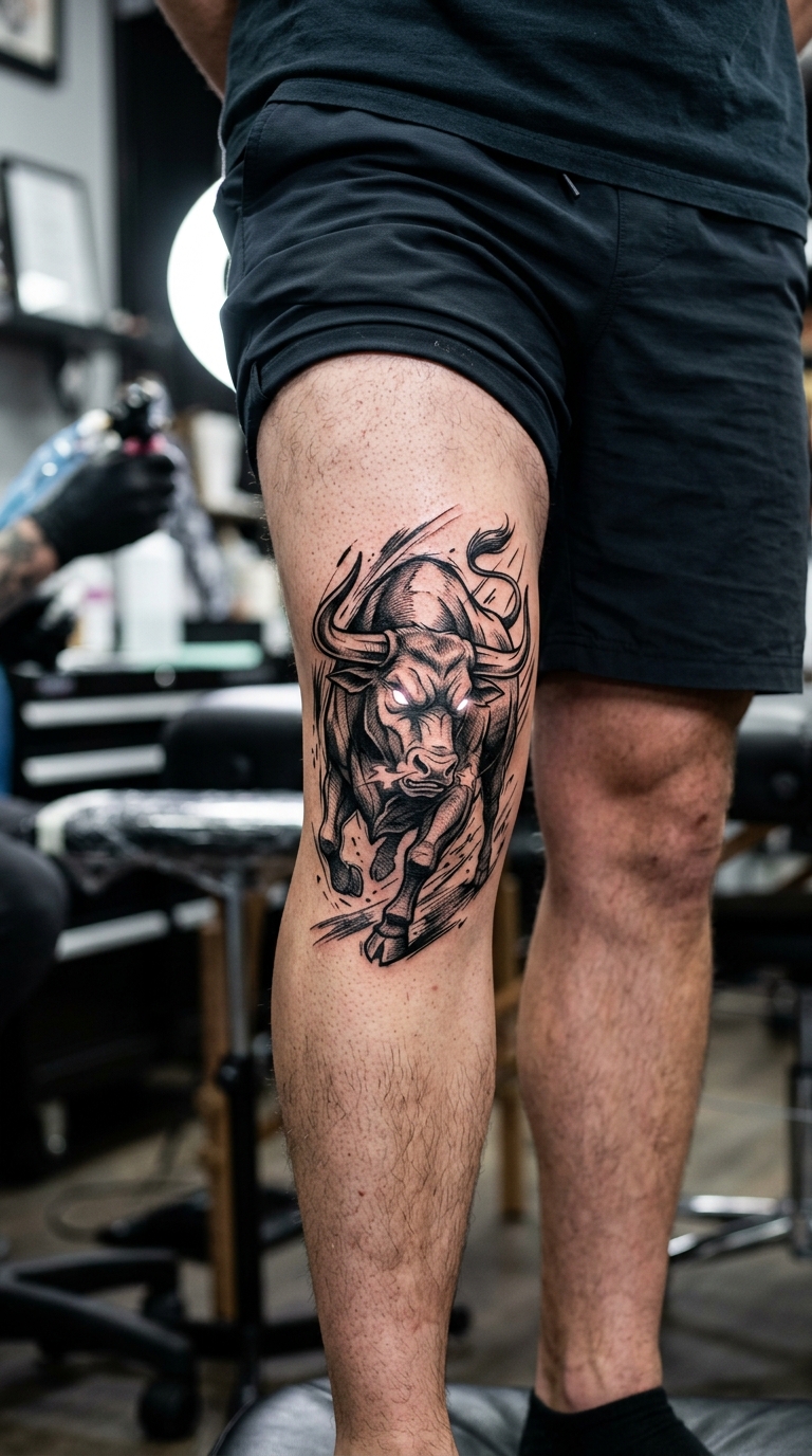 Stier im Manga Look Tattoo Idee für die Kniekehle