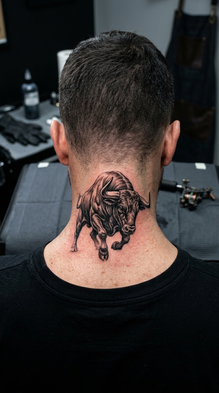 Stier mit Kraft im Nacken als 3D Tattoo