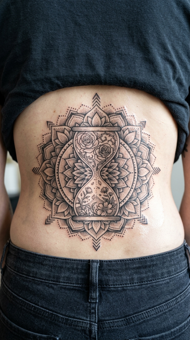 Stundenglas mit Blüten als Mandala Tattoo für das Steißbein