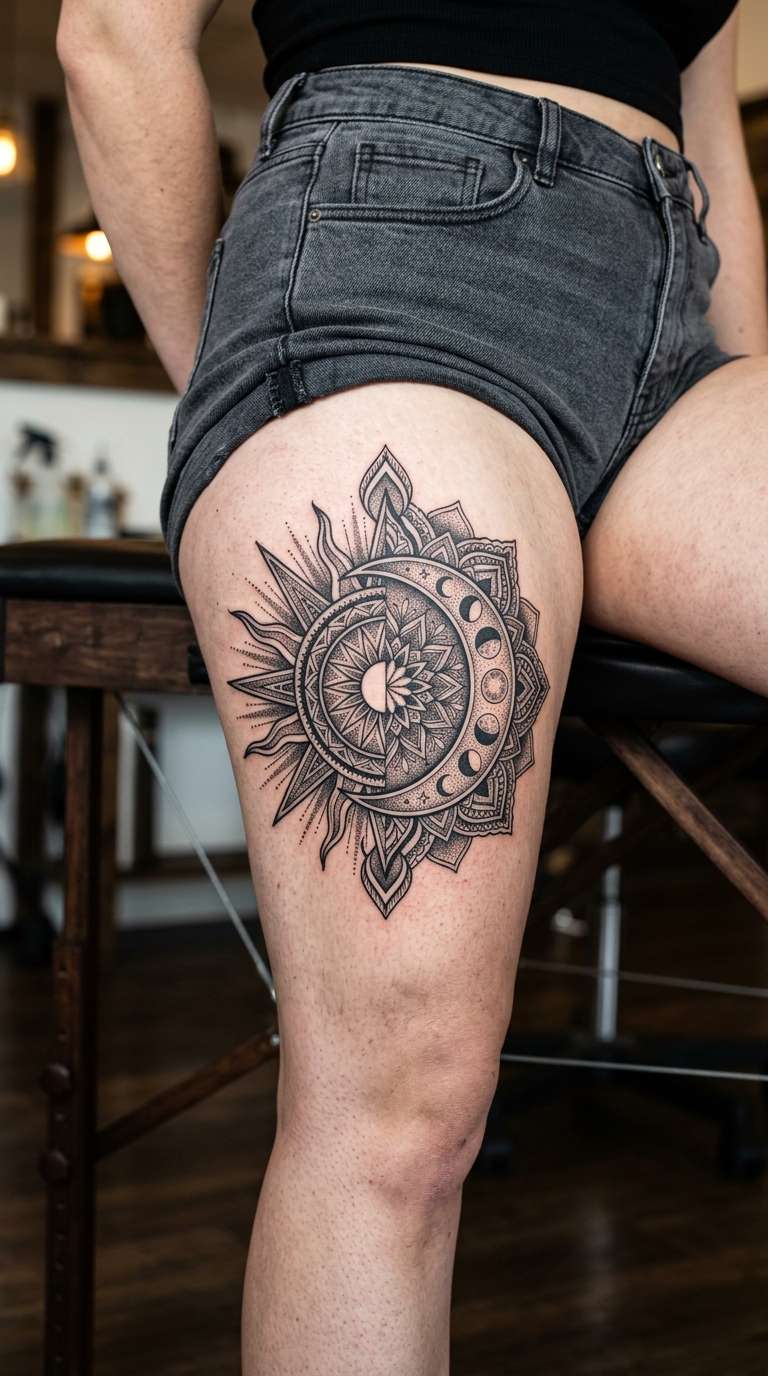 Tag und Nacht als Mandala Tattoo für den Oberschenkel