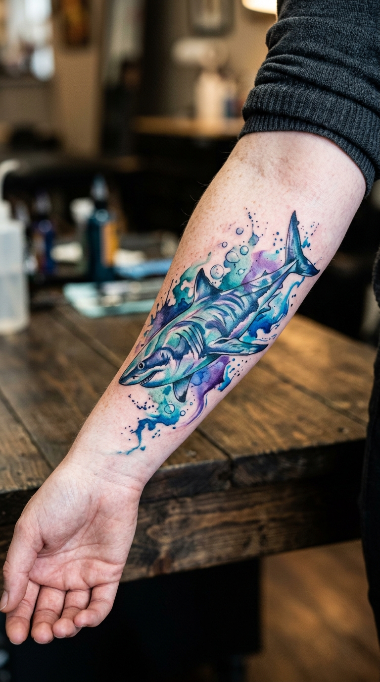 Tattoo Idee Hai in den Tiefen als Aquarell für den Unterarm