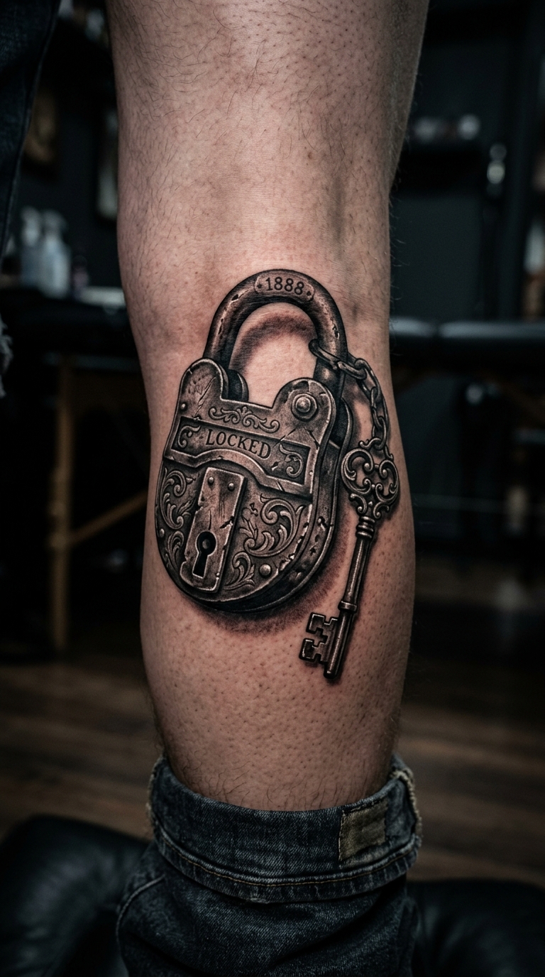 Tattoo Idee Vorhängeschloss mit antiker Mechanik für die Kniekehle