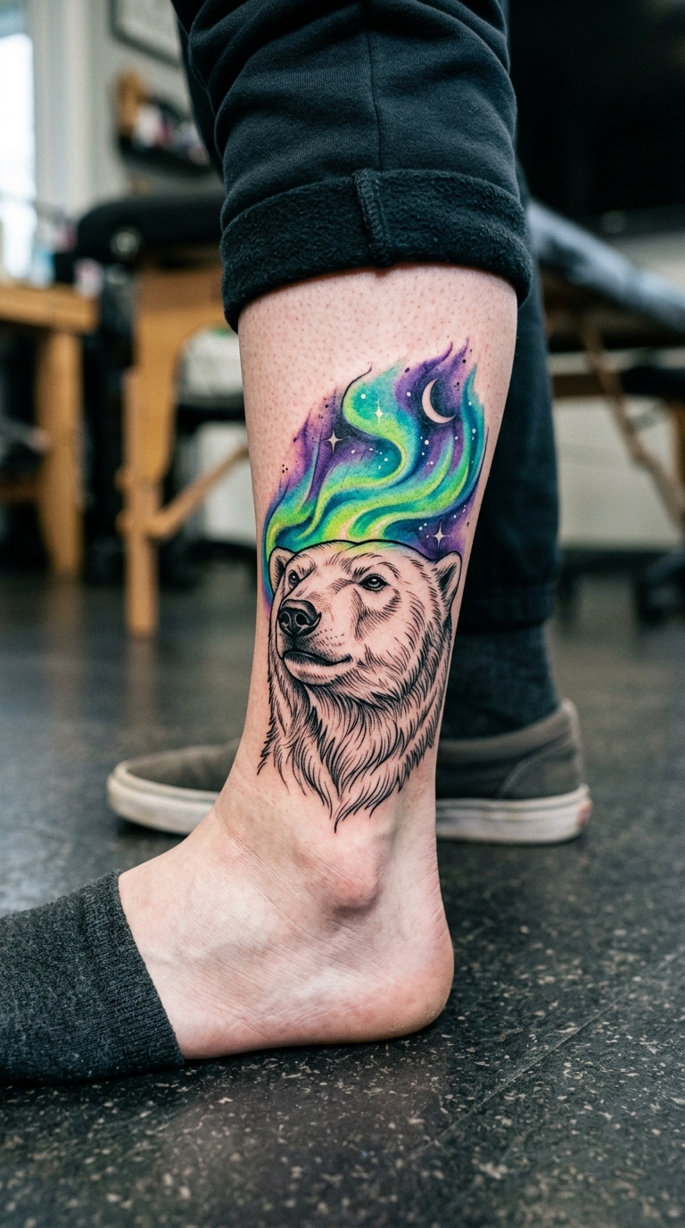 Tattoo Vorlage arktischer Eisbär mit Nordlicht am Knöchel