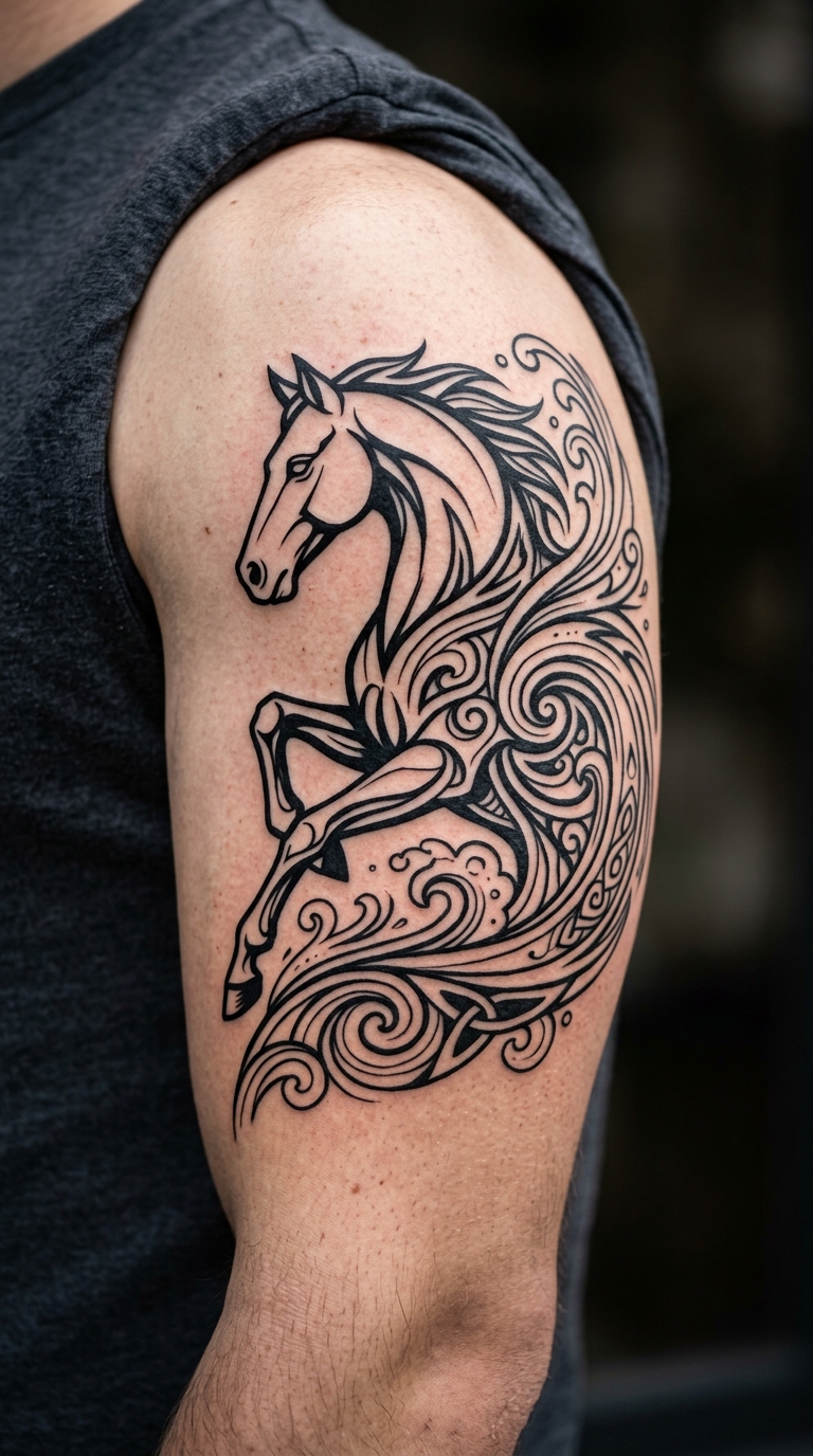 Tattoo Vorlage Kelpie im Wasser für den Oberarm