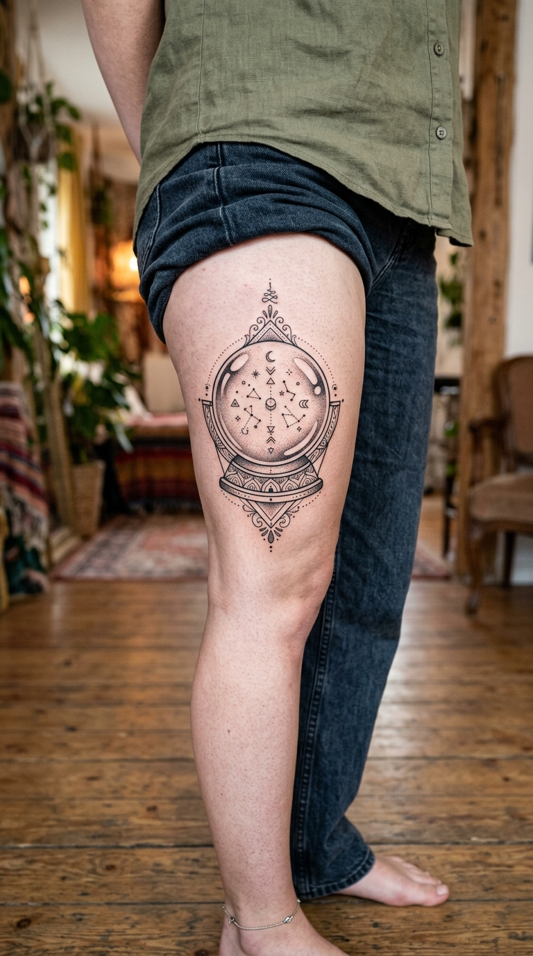Tattoo Vorlage Kristallkugel als Zeichen und Symbol Motiv für den Oberschenkel