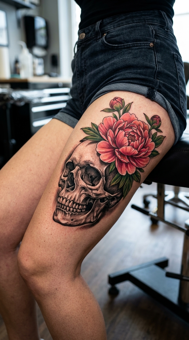 Tattoo Vorlage Leben und Tod im 3D Stil für den Oberschenkel