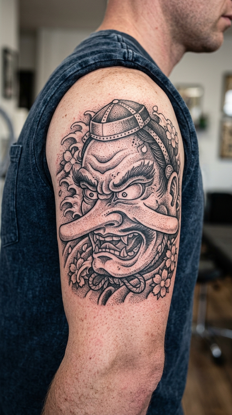 Tattoo Vorlage Tengu als Dotwork auf dem Oberarm
