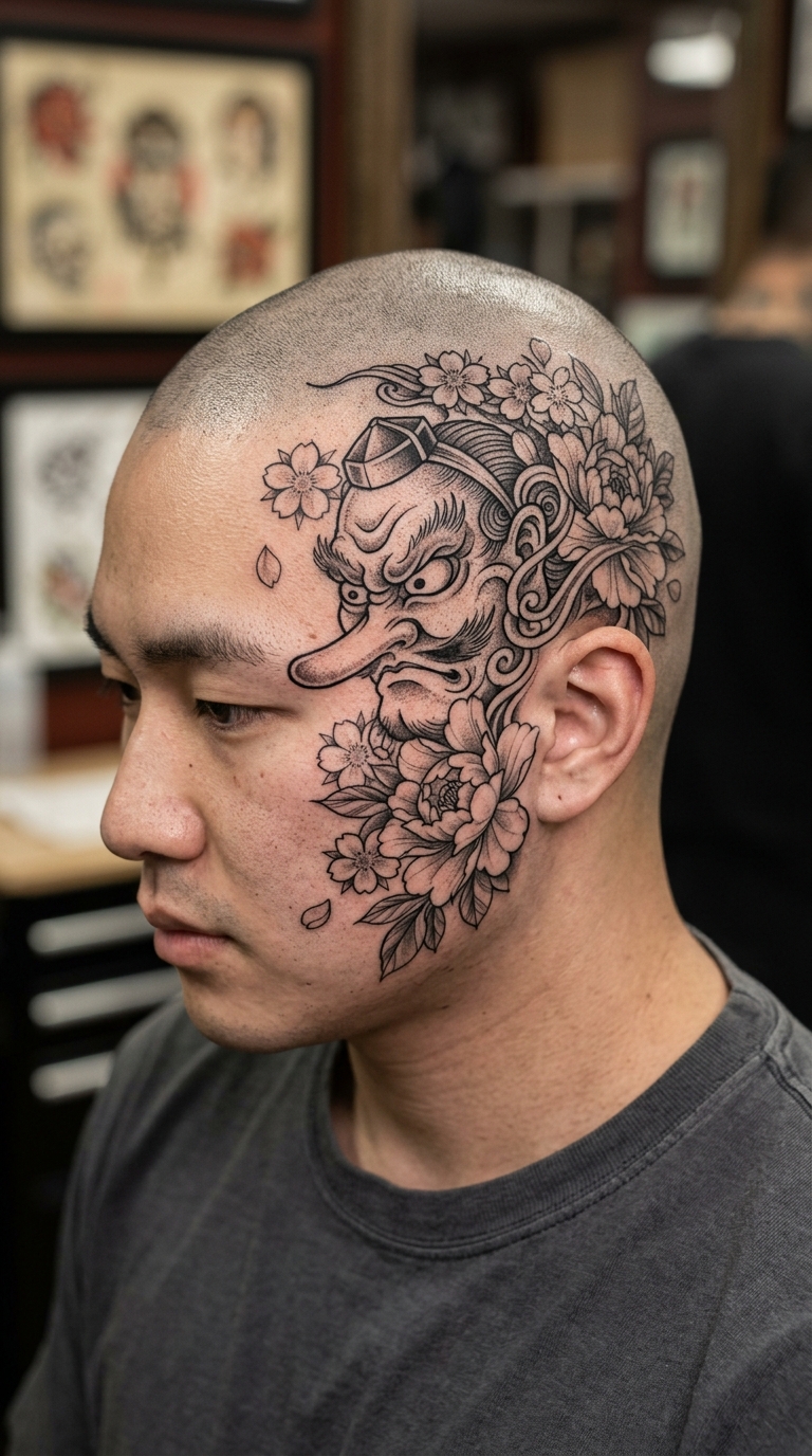 Tengu als florales Tattoo auf dem Kopf