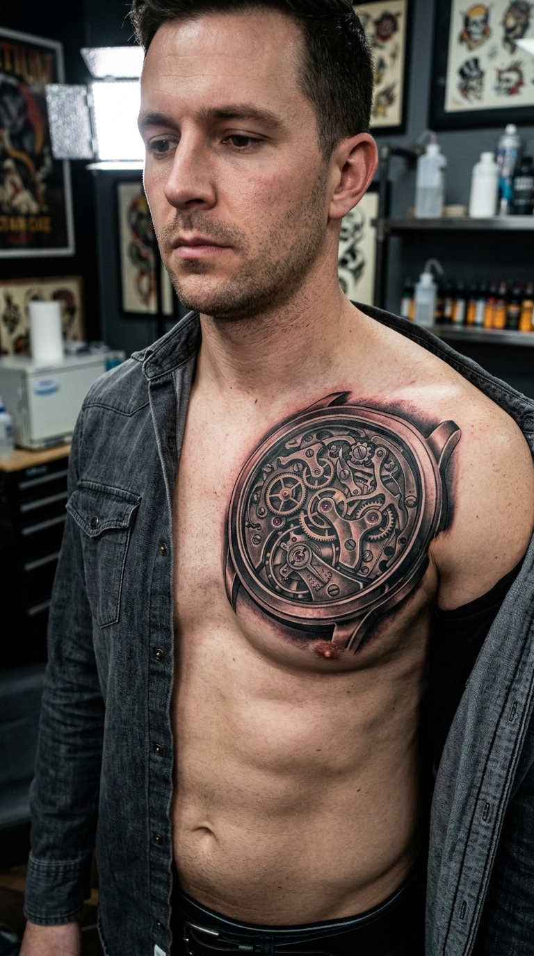 Uhr ohne Zeiger als Cover up Tattoo für Brust & Oberkörper