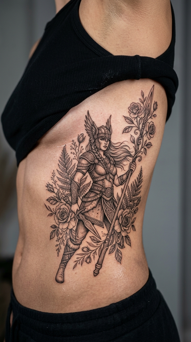 Valkyrie mit florale Akzenten Tattoo Vorlage für die Rippen