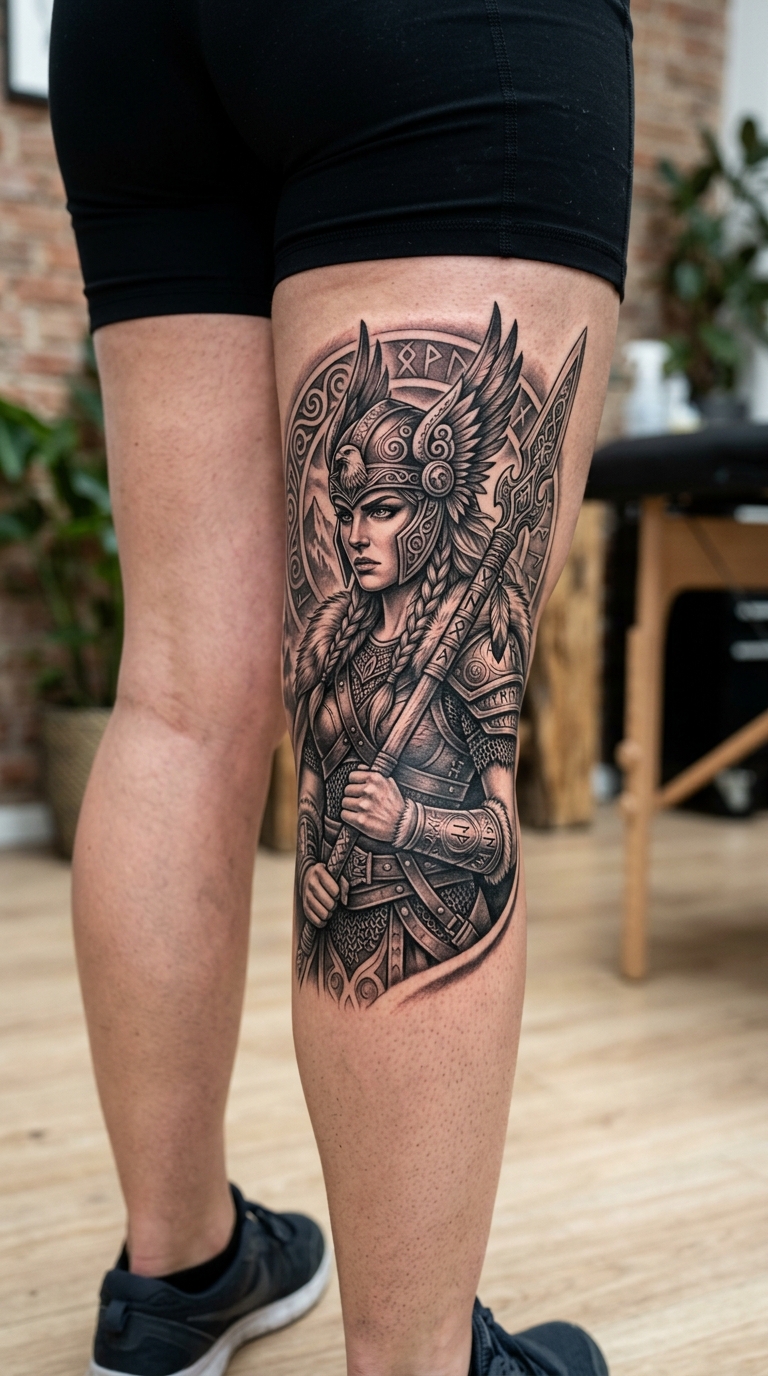 Valkyrie mit Speer als Realistic Tattoo für die Kniekehle