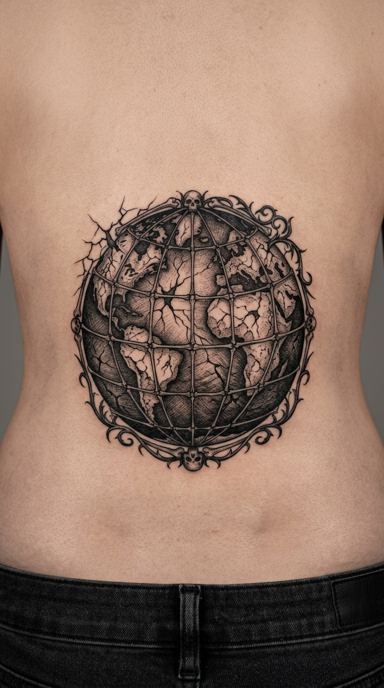 Verfluchter Globus als Horror Tattoo für das Steißbein
