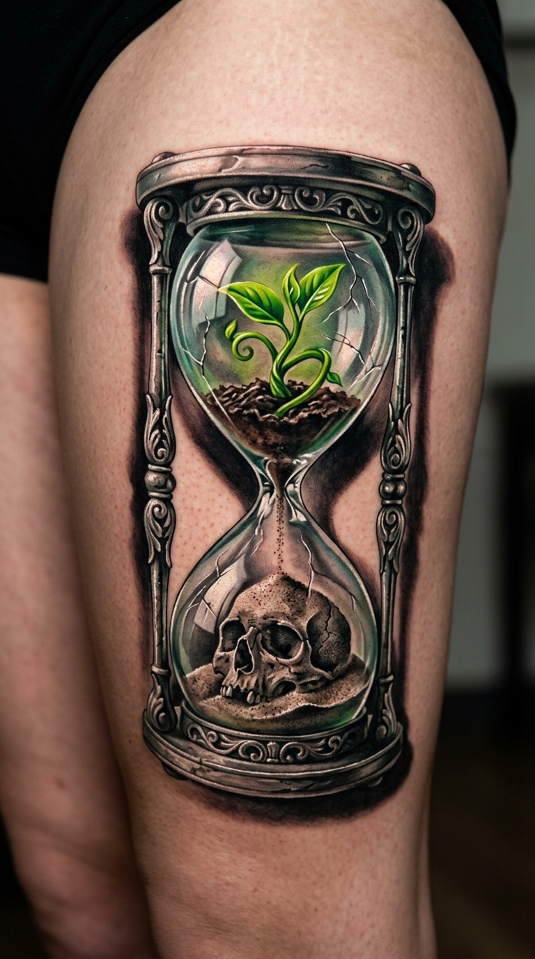 Vergänglichkeit und Neuanfang als 3D Tattoo auf dem Oberschenkel