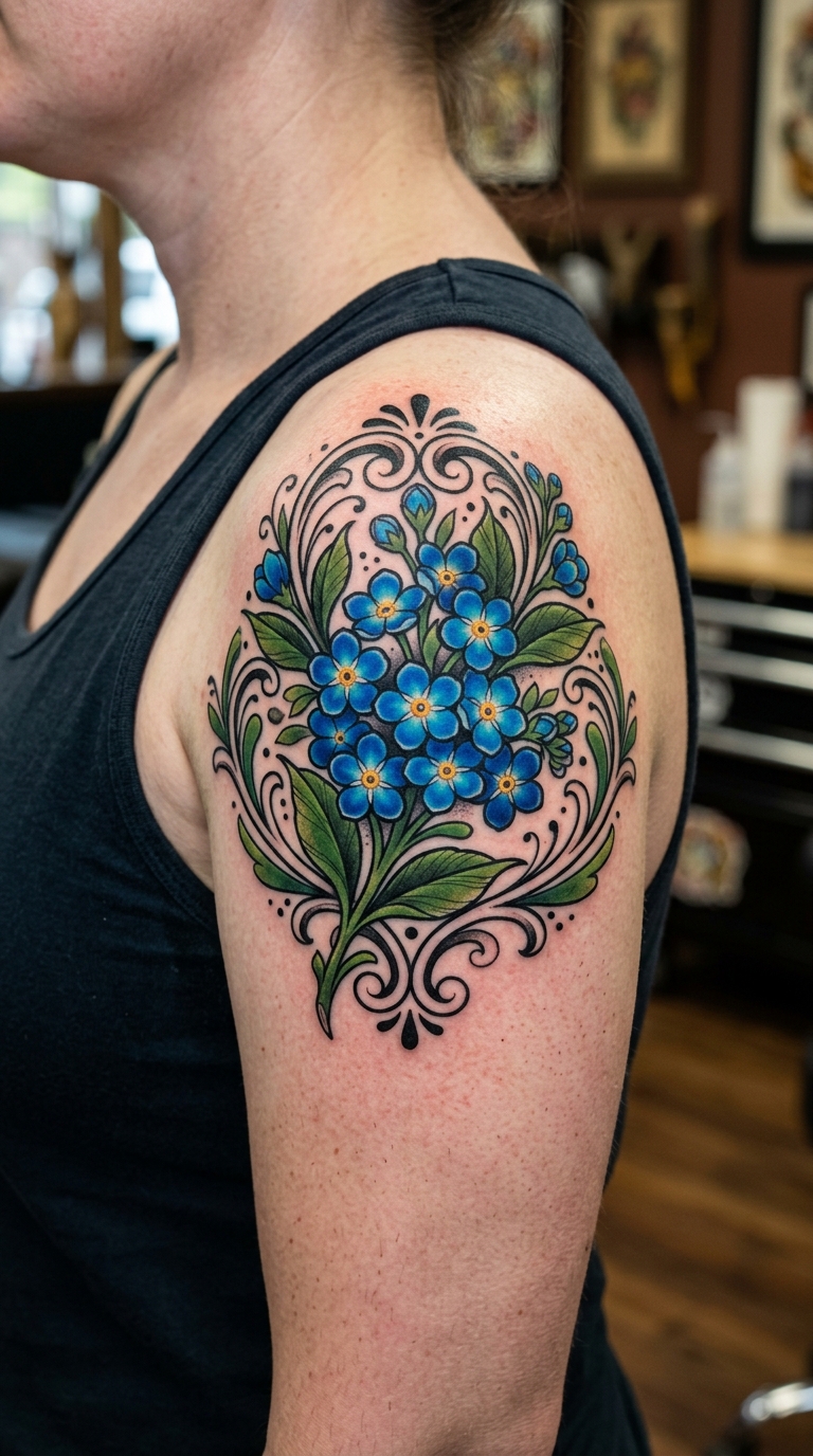 Vergissmeinnicht als Neo Traditional Tattoo für die Schulter