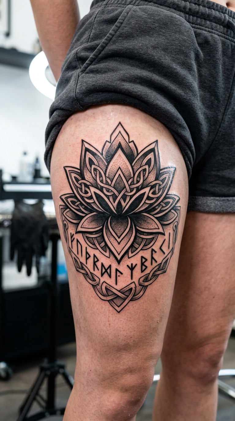 Verzierte Lotusblüte als Wikinger und Celtic Tattoo für den Oberschenkel