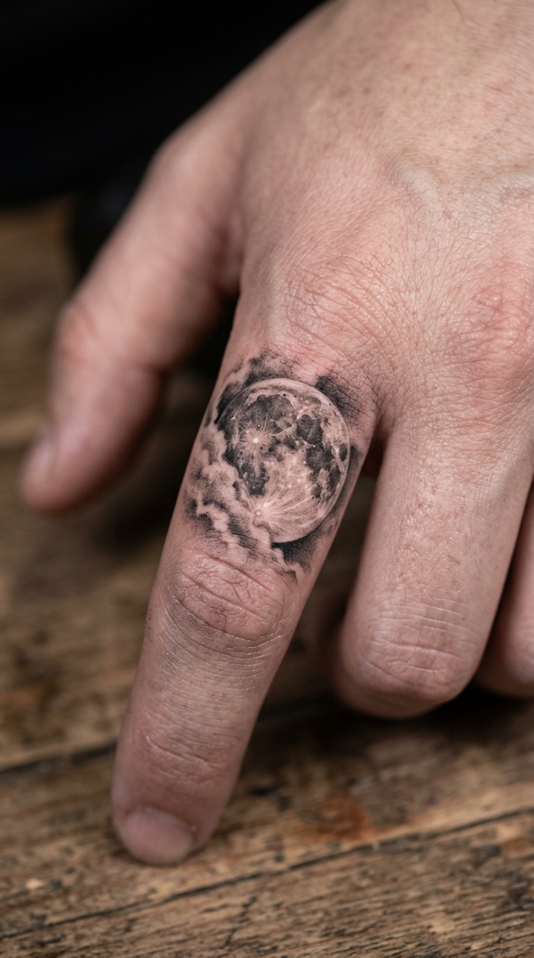 Vollmond hinter Wolken als Realistic Tattoo für den Finger
