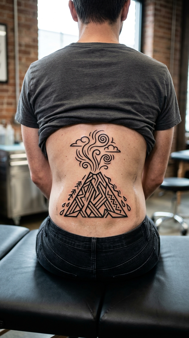 Vulkanausbruch als grafisches Zeichen Tattoo für das Steißbein